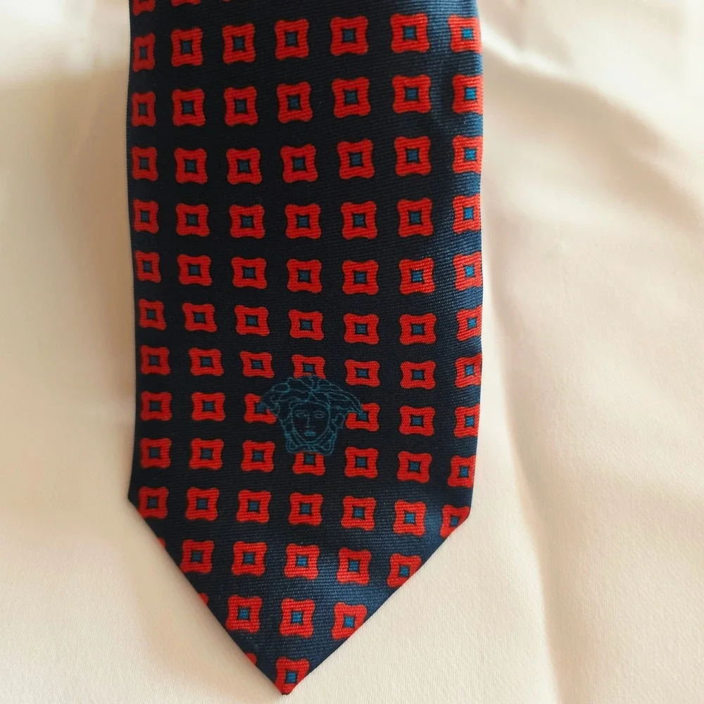 Versace Silk Tie Mens One Size Navy Blue Red Geometric Medusa Head Made in Italy